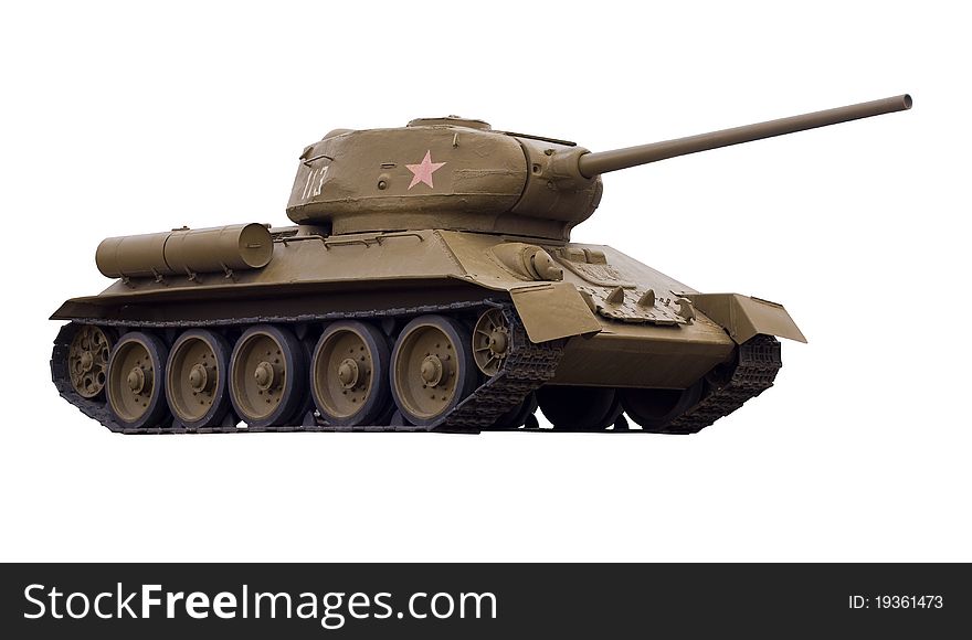 Legendary Soviet tank T-34-85 at war in the second world war. It is isolated on a white background. Legendary Soviet tank T-34-85 at war in the second world war. It is isolated on a white background.