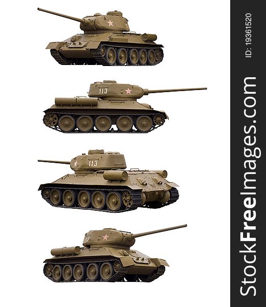 Four Soviet tanks T-34 shown from the different parties and isolated on a white background. Four Soviet tanks T-34 shown from the different parties and isolated on a white background.