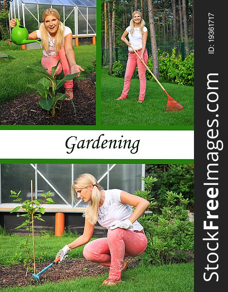 Collage. Beautiful Casual Woman Gardening