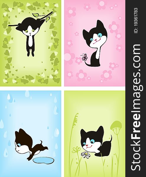 Set of cards with cheerful  kittens.