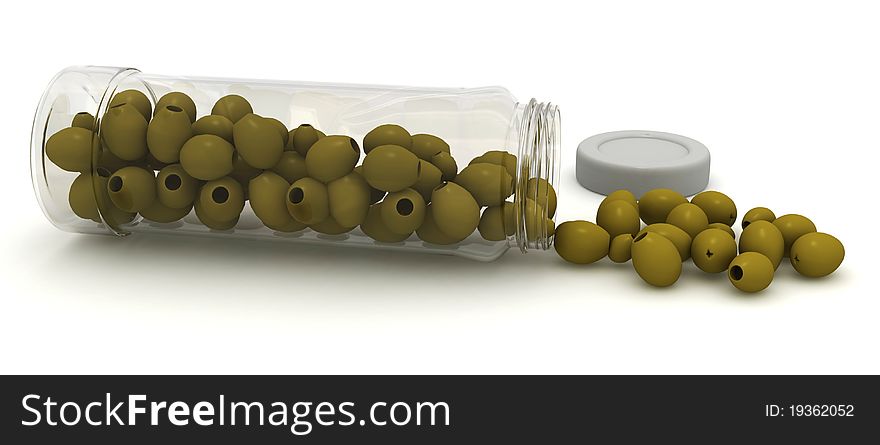 Green olives, spilling out of the jar, beautifully decayed