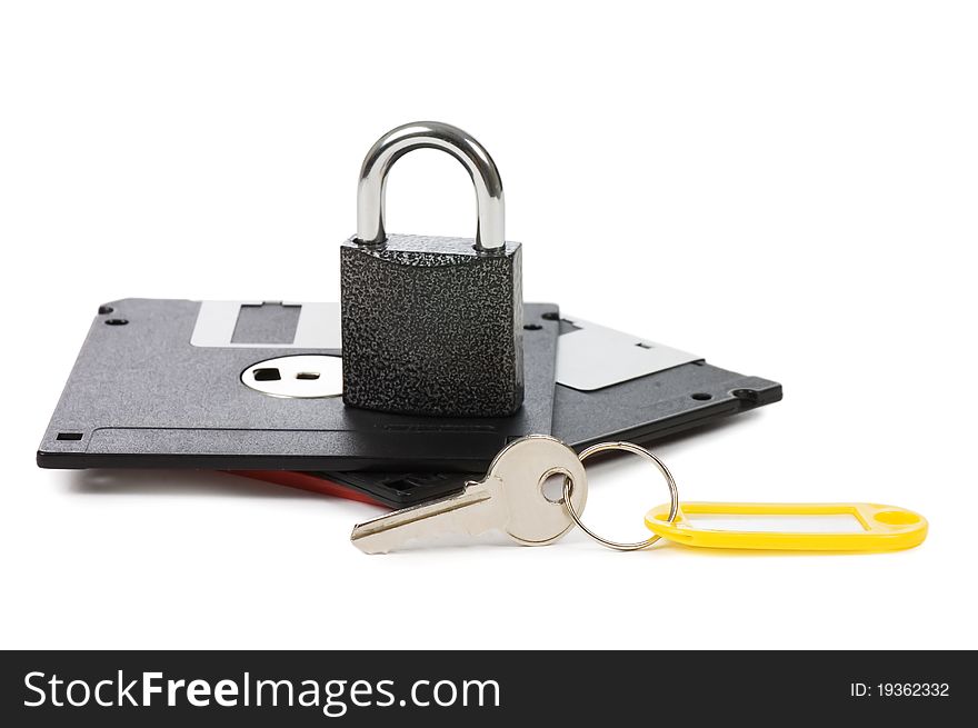 Floppy black disks on white background