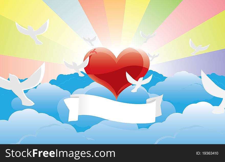 Heart in clouds with flying pigeons postcard confession of love