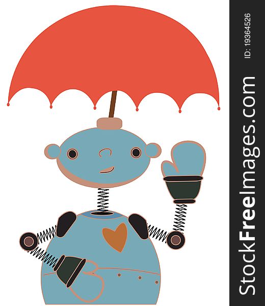 Cute Robot with Umbrella attached to head waving