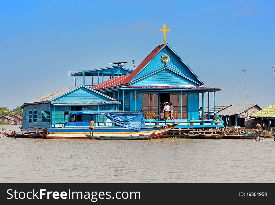 Swimming blue church, in a fishing village on the tonle sap lake, cambodia