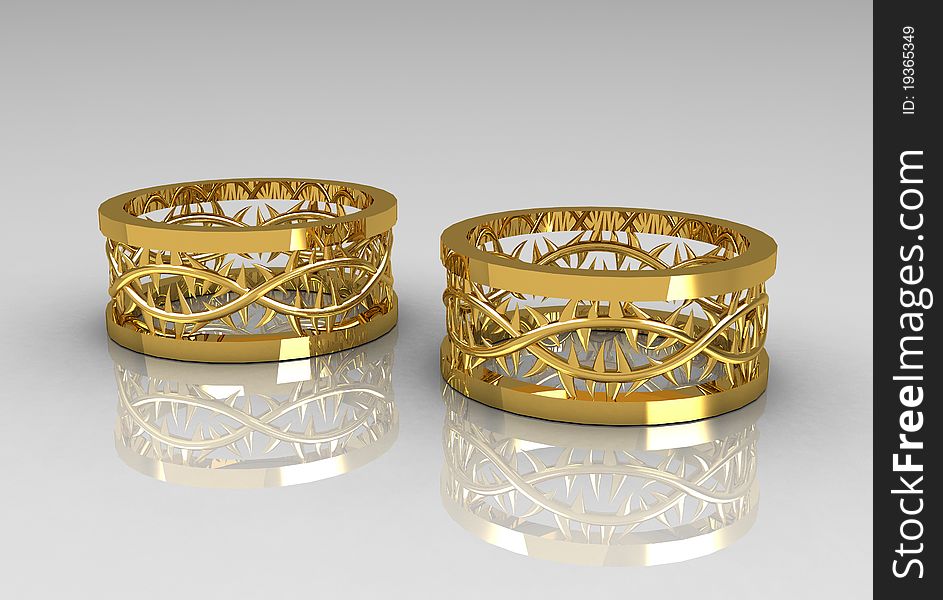 Pair of Christ's Crown Yellow Gold Wedding Bands - 3D