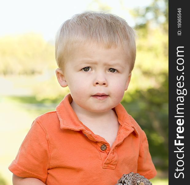 Cute Young Boy Portrait Holding Pine Cone in The Park. Cute Young Boy Portrait Holding Pine Cone in The Park.