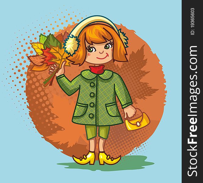 Cute little girl with a bouquet of autumn leaves on a bright background. Cartoon girl dressed in a coat and fluffy headphones. EPS file