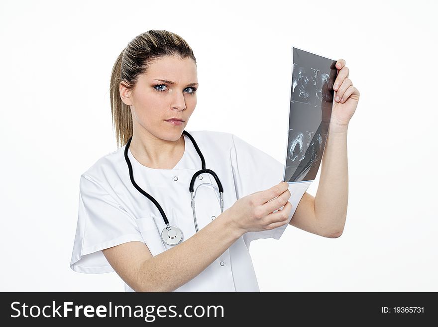 Beautiful young radiologist woman with stethoscope. Beautiful young radiologist woman with stethoscope