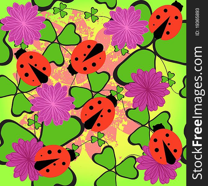 The seamless flower pattern with clover and ladybird. The seamless flower pattern with clover and ladybird