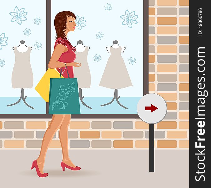 Illustration modern girl loaded with shopping bags - vector