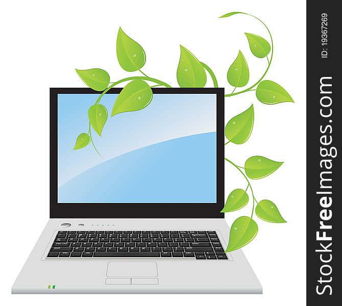 A laptop with a plant. Vector illustration, isolated on a white.