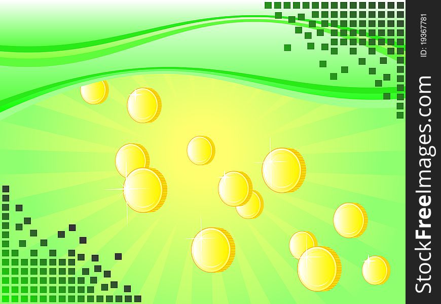 Financial success. Coins rained from the sky. Vector background of green. Financial success. Coins rained from the sky. Vector background of green.