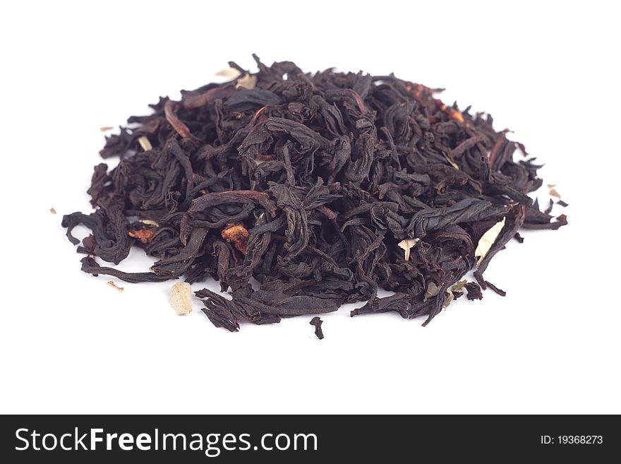 Heap of forest fruits tea isolated over white background.