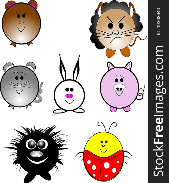 Cute cartoon characters on white in various animal faces. Cute cartoon characters on white in various animal faces