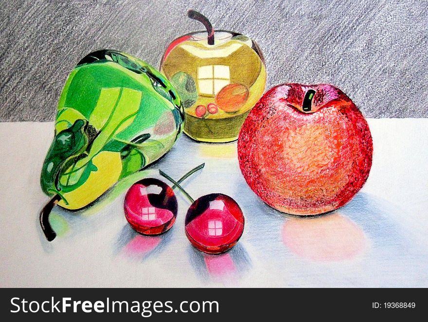 Abstract glass fruits drawing, all on a table