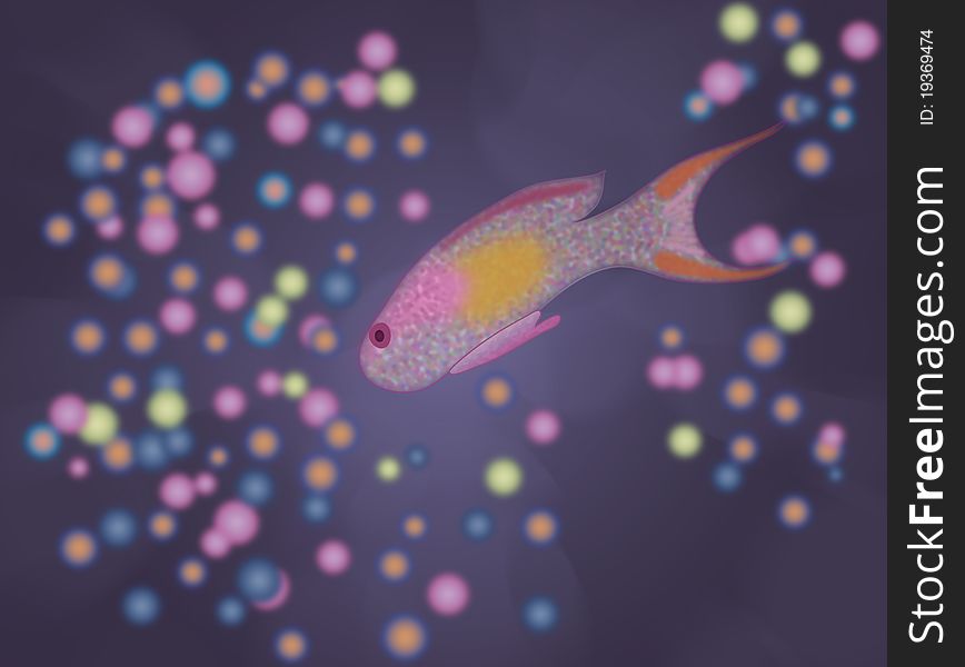 Colorful fish illustration on blurred background.