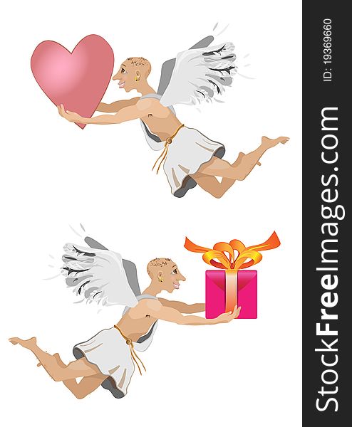 Flying angel with gift and heart