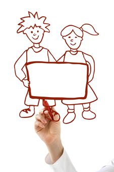 Hand With Red Marker Drawing Boy And Girl Stock Photo Hand With Red Marker Drawing Boy And Girl Stock Photo