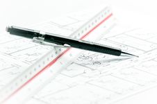 Black Pencil And Ruler On Plan Royalty Free Stock Photography