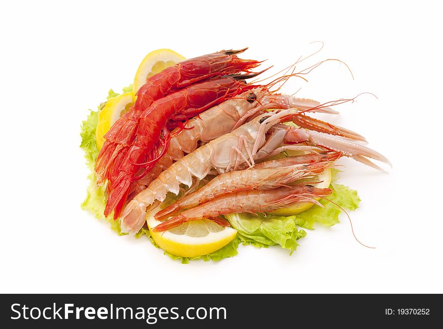 Mixed seafood over a bed of lettuce and lemon isolated on white background