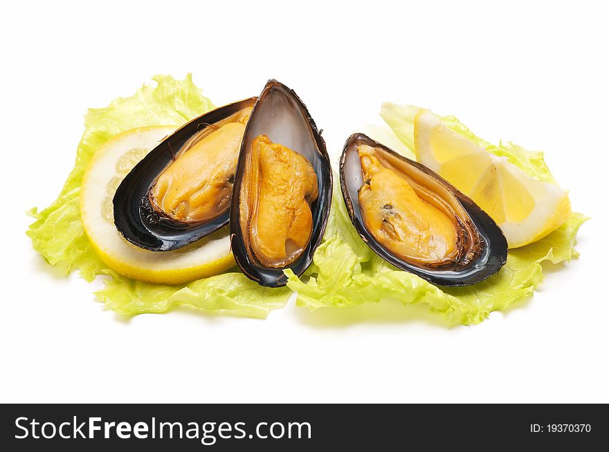 Fresh mussels on a lettuce leaf