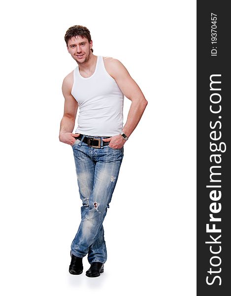 Man in jeans  is on an isolated background