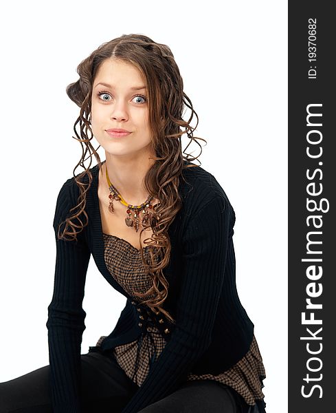 Pretty young girl with an expressive face, white background