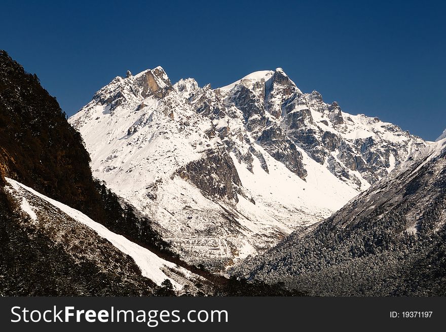 Himalayan Lama Ongden mountain peak in Sikkim on a clear day. Himalayan Lama Ongden mountain peak in Sikkim on a clear day