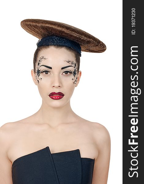 Portrait of beautiful girl with coiffure disc on white