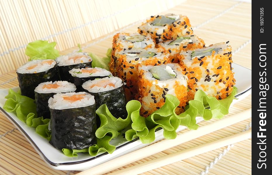 Dishes of Japanese cuisine are shown in the picture. Dishes of Japanese cuisine are shown in the picture.