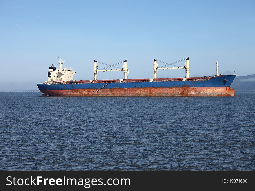 An empty cargo ship anchored in Astoria Oregon.