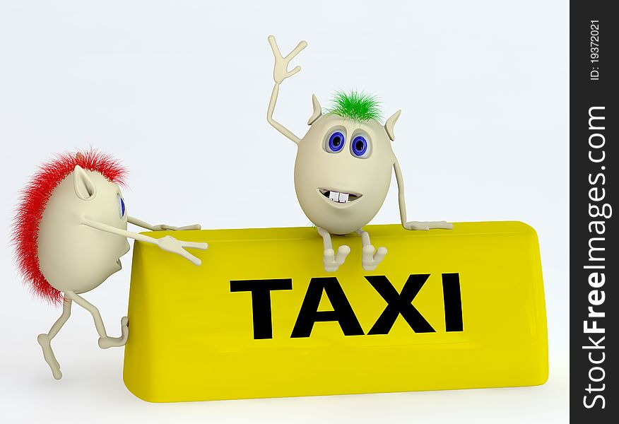 3d yellow model of the taxi symbol with puppets