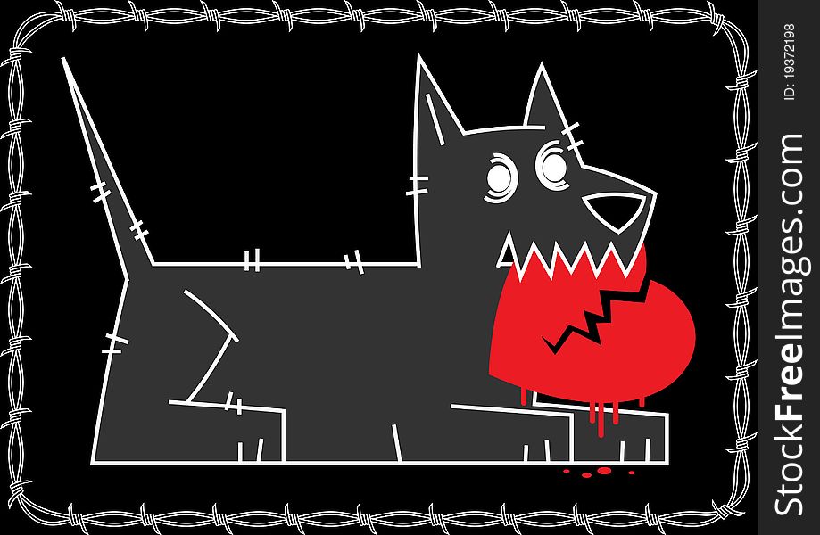 Gray wolf on a black background keeps his teeth red heart. Gray wolf on a black background keeps his teeth red heart