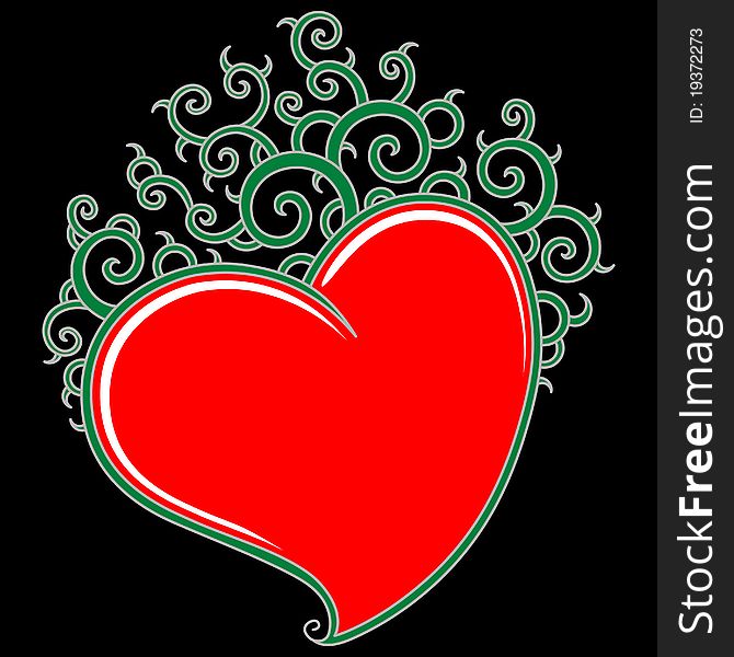 Red heart with a floral ornament on black background. Red heart with a floral ornament on black background