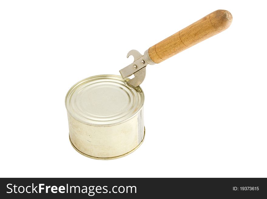 A metal tin of food with a tin opener in the process of opening the tin. A metal tin of food with a tin opener in the process of opening the tin.