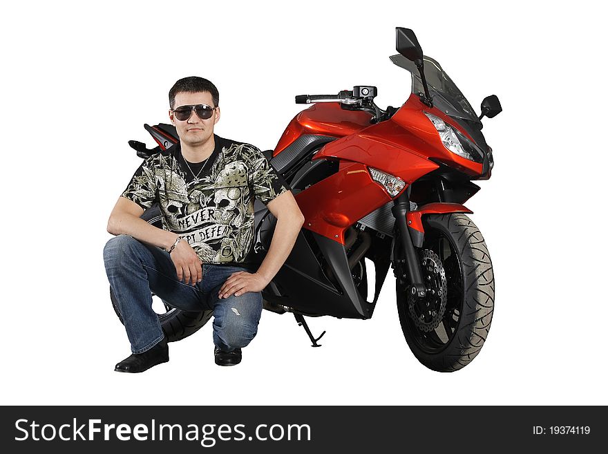 Biker with red motorcycle isolated on white background