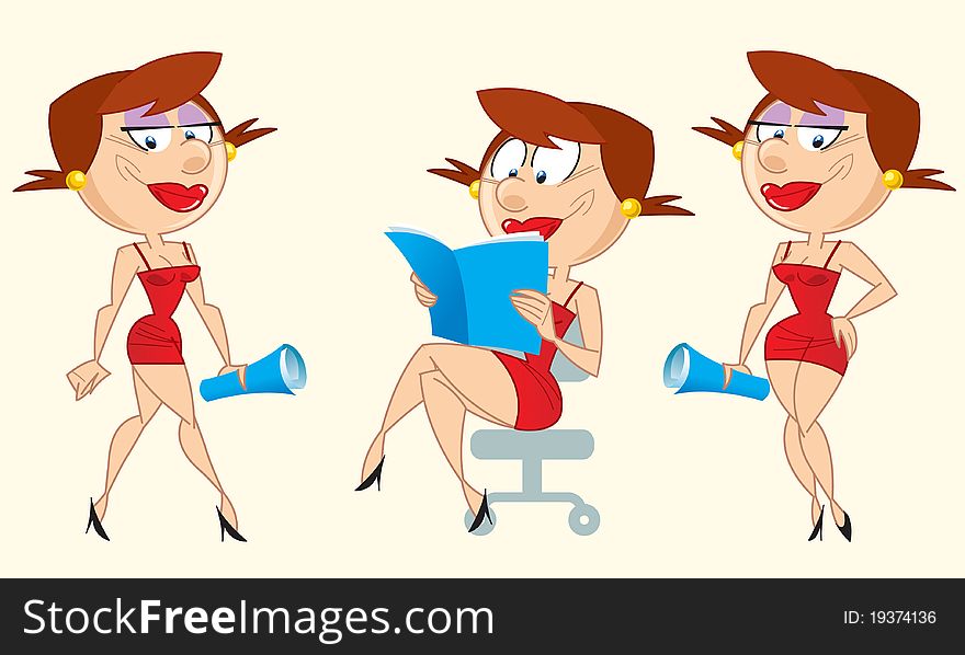 Cartoon girl on the picture in different poses.She walks, sits and stands.In her hands she holds the magazine.An illustration is divided into layers.Additionally, a vector EPS format. Cartoon girl on the picture in different poses.She walks, sits and stands.In her hands she holds the magazine.An illustration is divided into layers.Additionally, a vector EPS format.