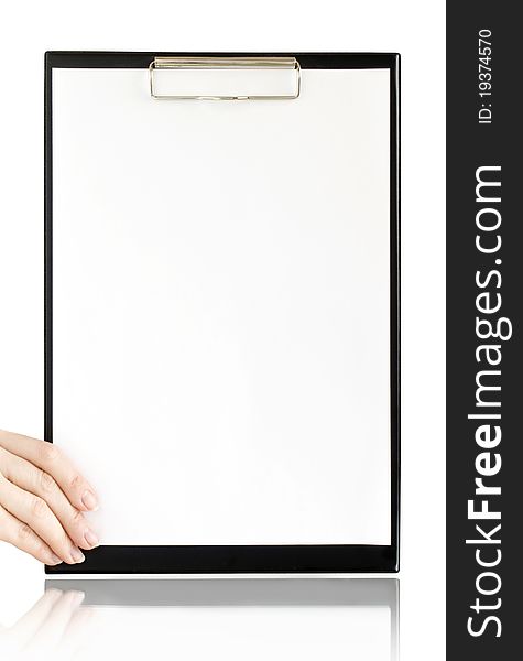 Clipboard with white page in hand and reflection isolated on white