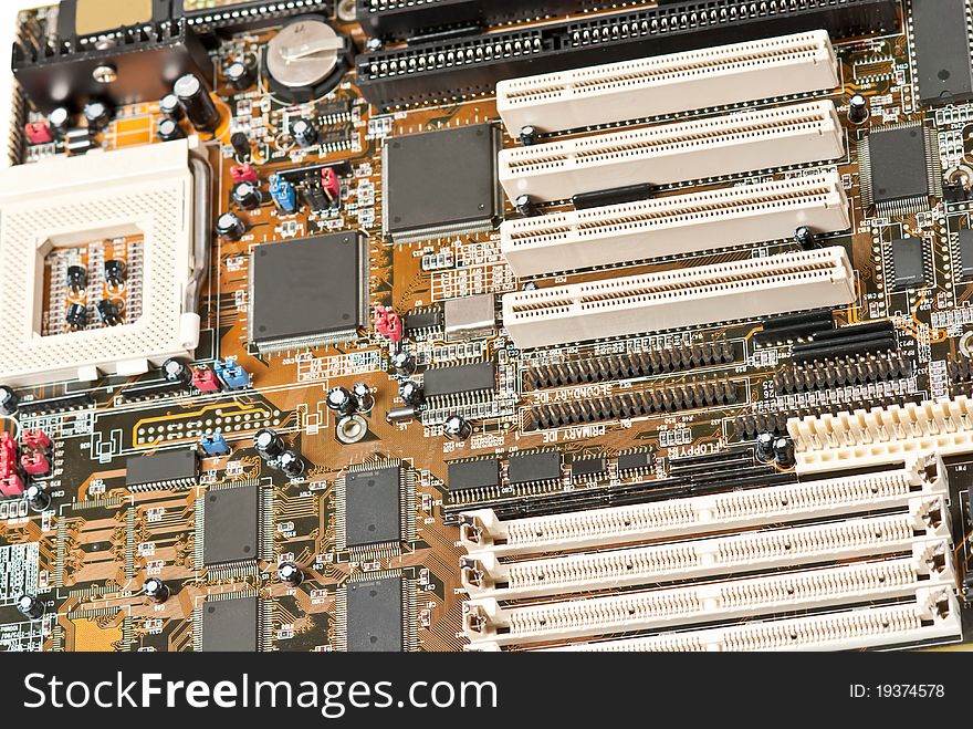 Photo of computer motherboard. Studio shot