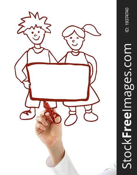 Hand with red marker drawing boy and girl with board isolated on white