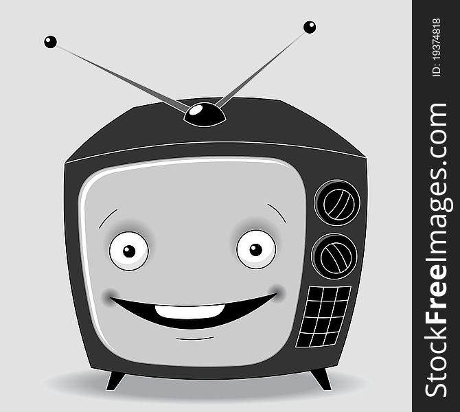 Illustration black and white TV set on a gray background with a cheerful face on the screen. Illustration black and white TV set on a gray background with a cheerful face on the screen