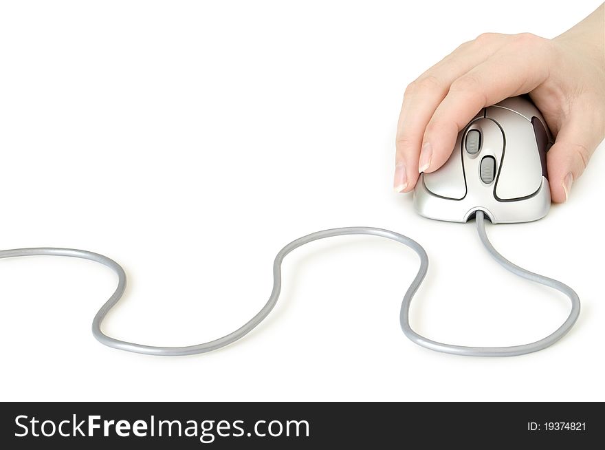 Computer mouse in hand with cable isolated on white