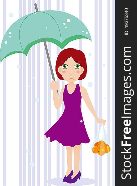 A girl holding an umbrella，buy a bag of oranges in the rain. A girl holding an umbrella，buy a bag of oranges in the rain