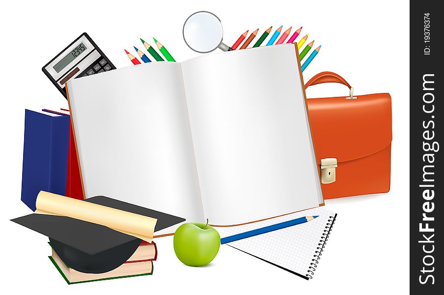 Back to school. Notepad with school supplies. Vector.