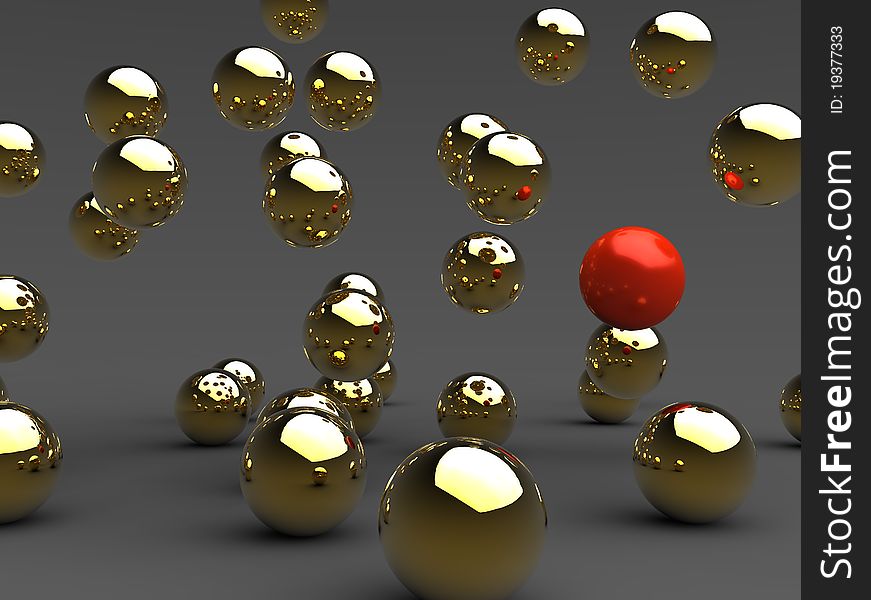 3d illustration of a lots of golden and red balls on grey background. 3d illustration of a lots of golden and red balls on grey background