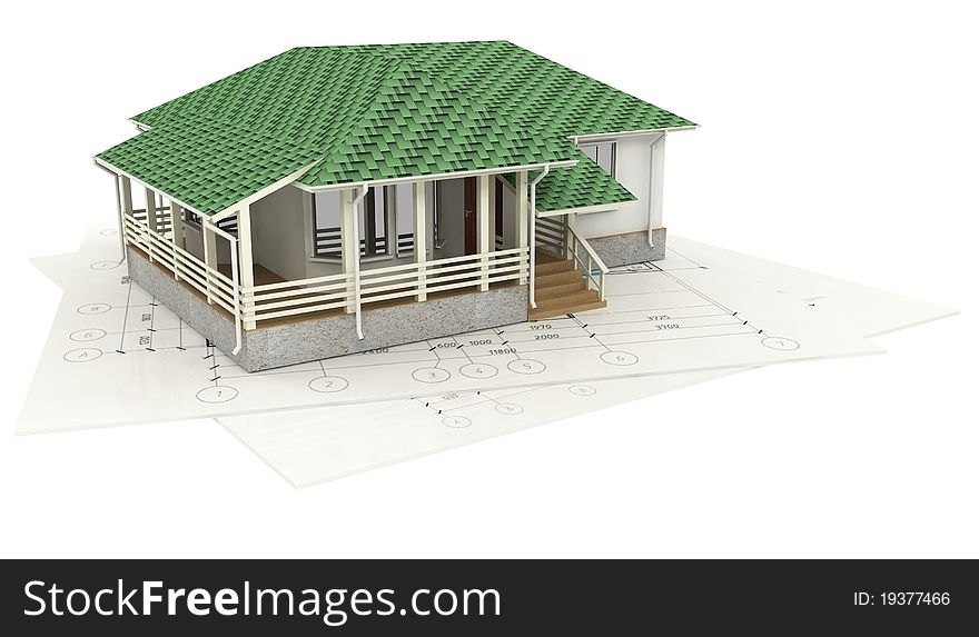 Drawing of the house and its 3D model on a white background