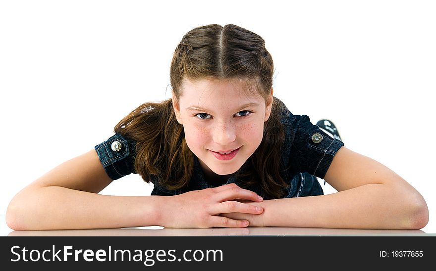 Beautiful little girl. Isolated on a white background