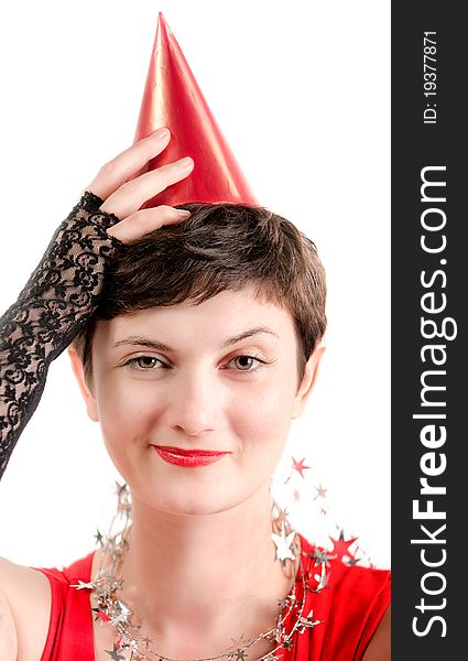 Winking funny girl-clown in red, portrait on white background