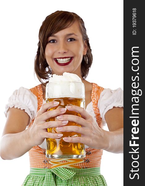 Pretty woman with dirndl smiles and holds Oktoberfest beer stein. Isolated on white background. Pretty woman with dirndl smiles and holds Oktoberfest beer stein. Isolated on white background.